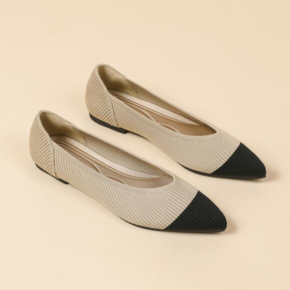 Women's Pointed Toe Knit Ballet Fashionable and Comfortable Dressy Flat Cream B - Picture 2 of 7